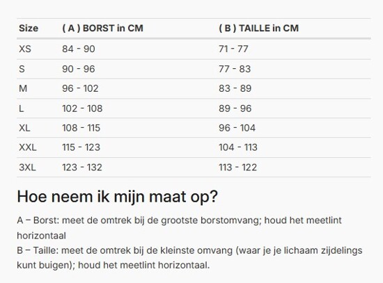 Foto: Size chart REV'IT!