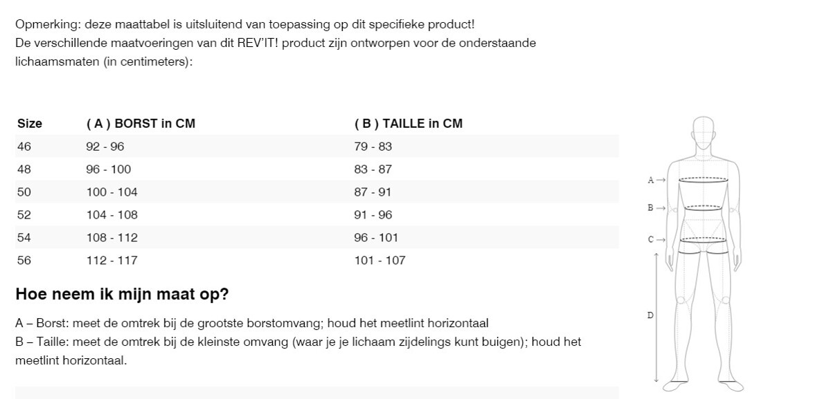 Foto: Size chart REV'IT!