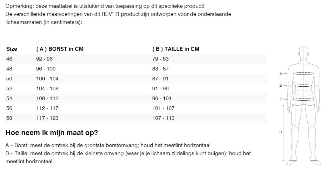 Foto: Size chart REV'IT!