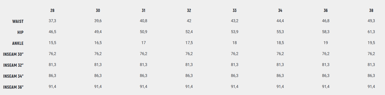 Foto: Size chart John Doe