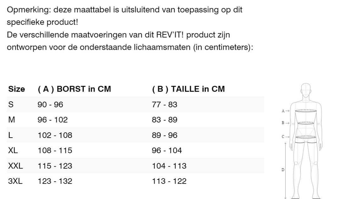 Foto: Size chart REV'IT!