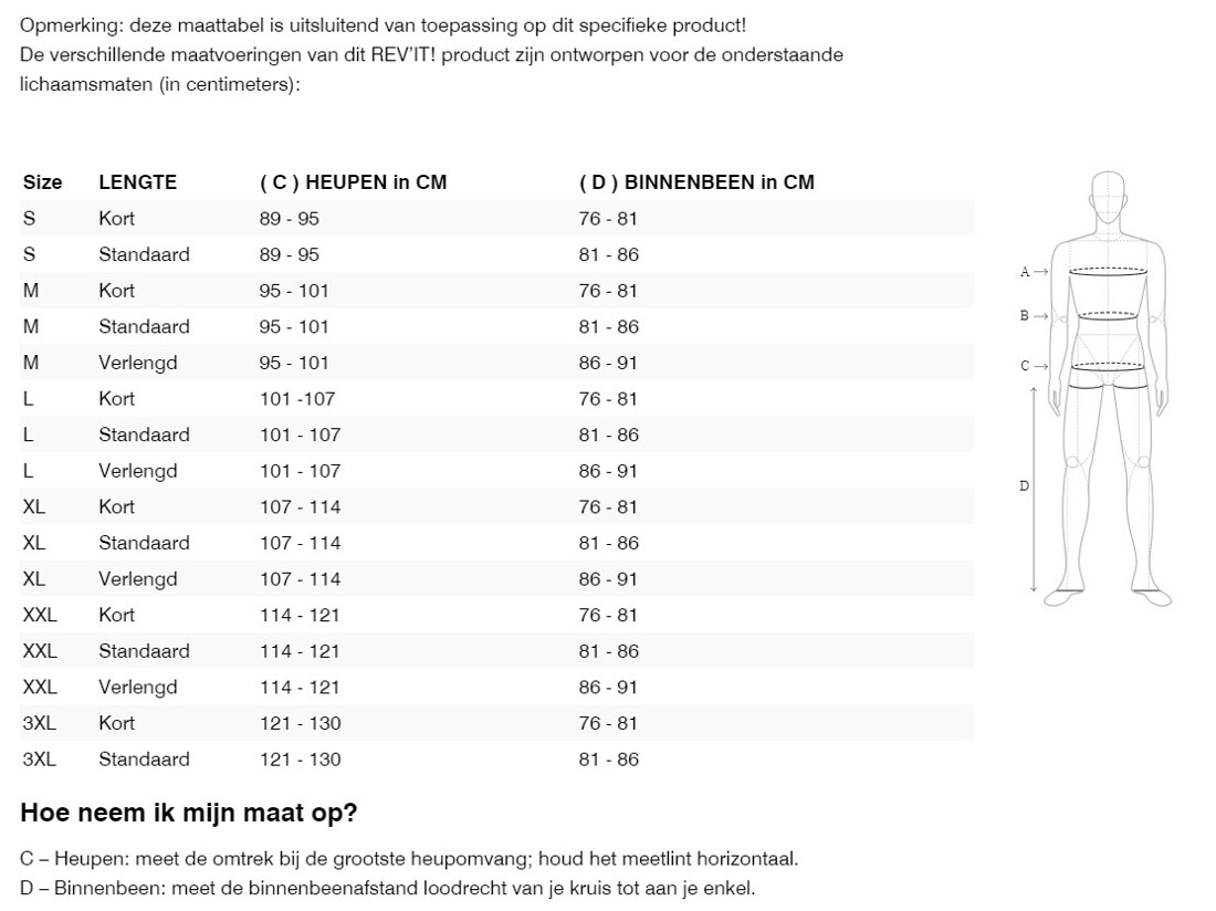 Foto: Size chart REV'IT!