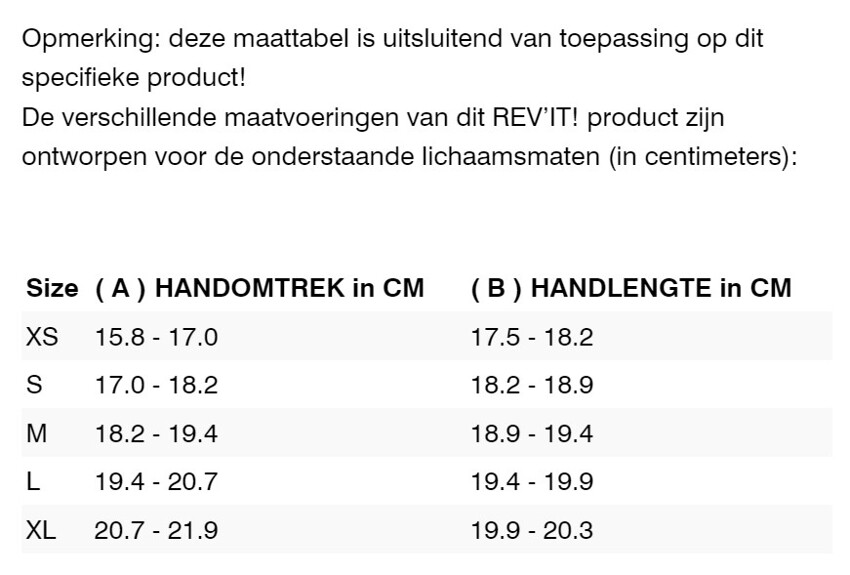 Foto: Size chart REV'IT!