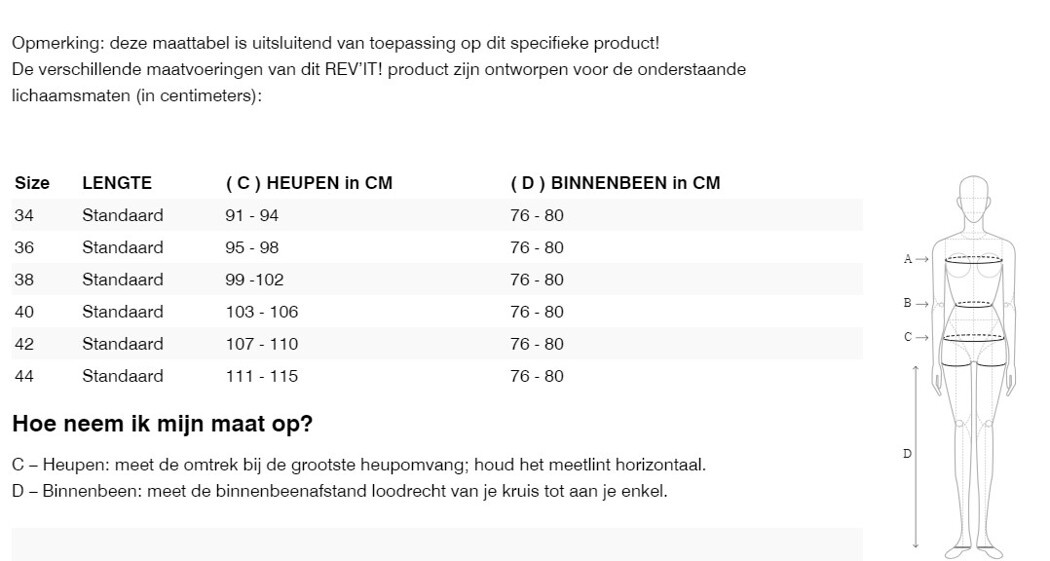 Foto: Size chart REV'IT!