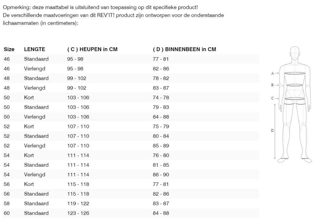 Foto: Size chart REV'IT!