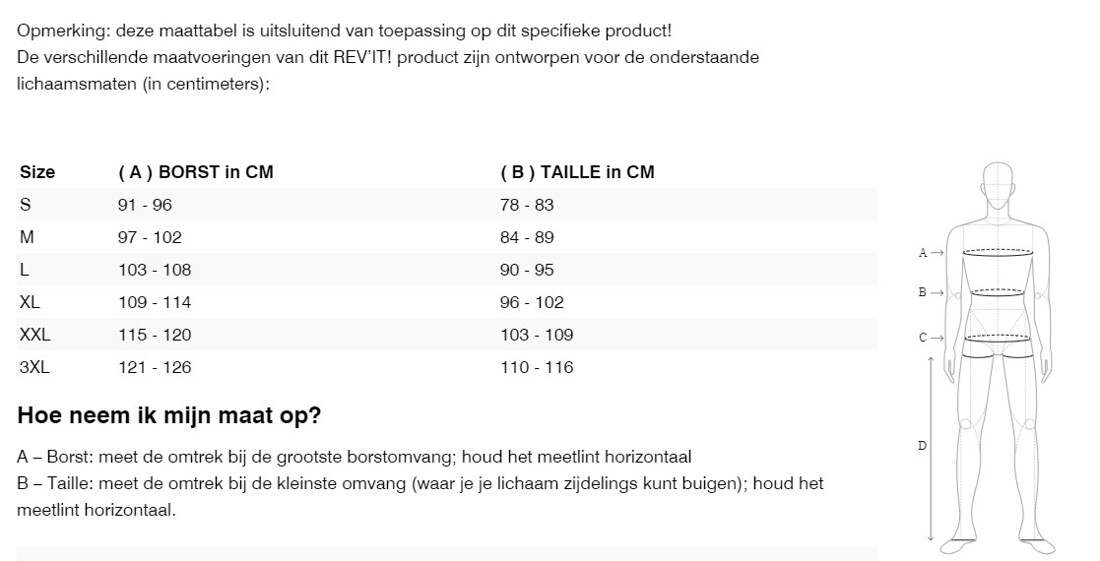 Foto: Size chart REV'IT!