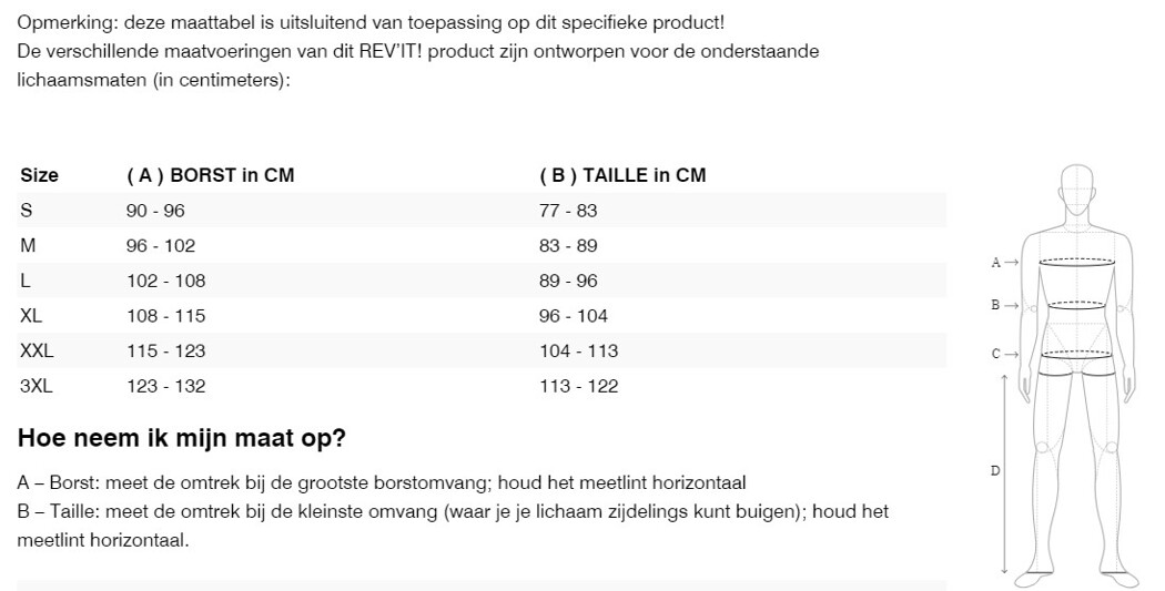 Foto: Size chart REV'IT!