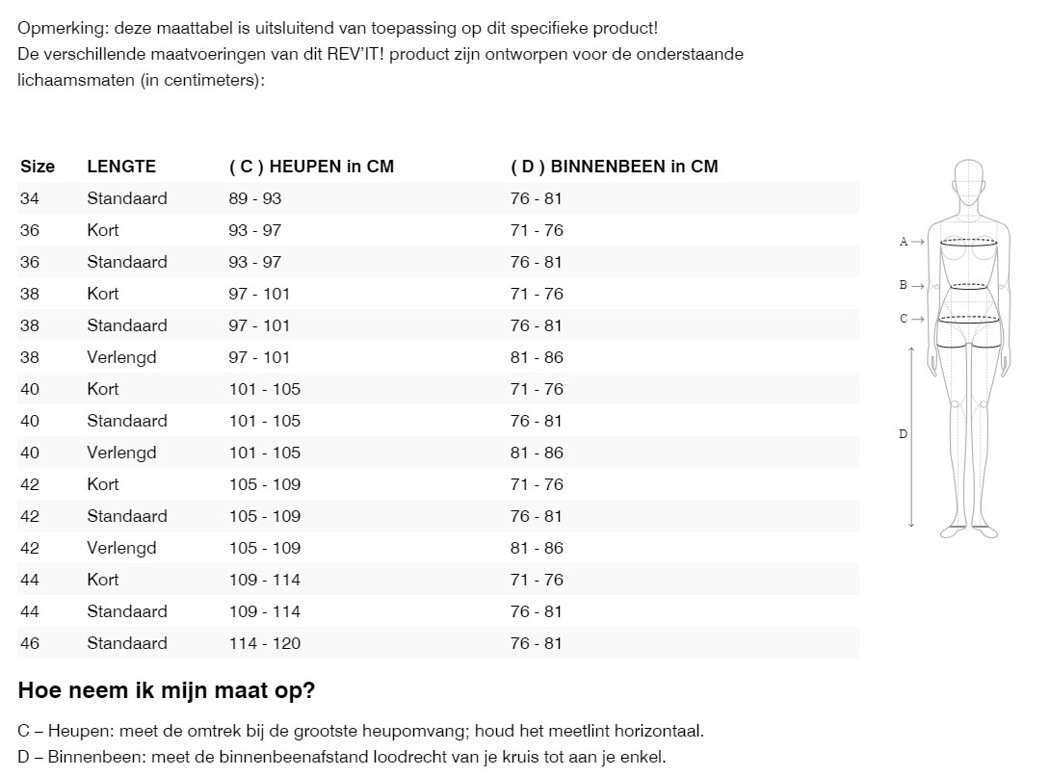 Foto: Size chart REV'IT!