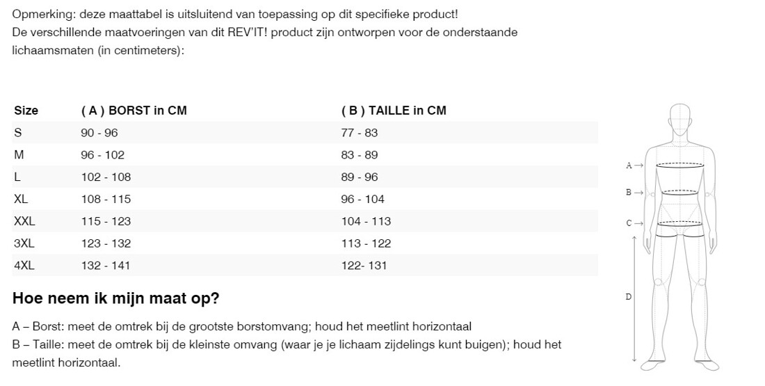 Foto: Size chart REV'IT!