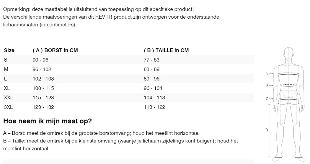 Foto: Size chart REV'IT!