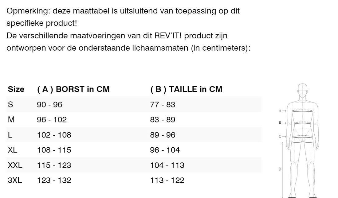 Foto: Size chart REV'IT!